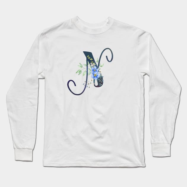 Floral Monogram N Wild Blue Flowers Long Sleeve T-Shirt by floralmonogram